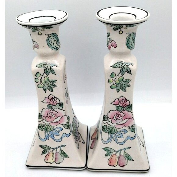 Taper Candle Holders Chinoiserie Hand Painted Vintage Floral Pastel Pair 8.3 In - Picture 2 of 13